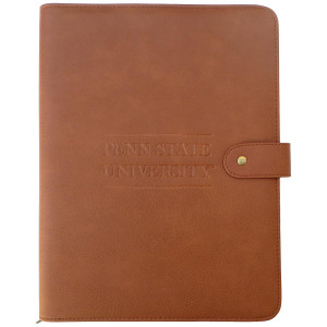 tan zippered portfolio with embossed Penn State University and snap closure
